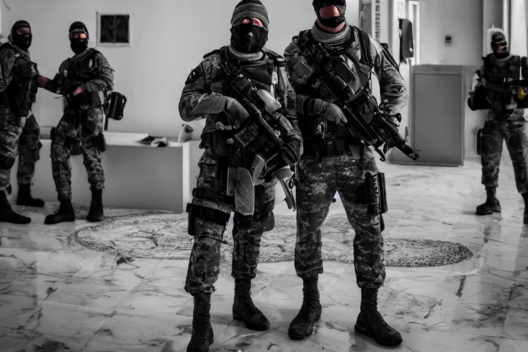 Image similar to Mercenary Special Forces soldiers in grey uniforms with black armored vest and black helmets raising a mansion in 2022, Canon EOS R3, f/1.4, ISO 200, 1/160s, 8K, RAW, unedited, symmetrical balance, in-frame, combat photography