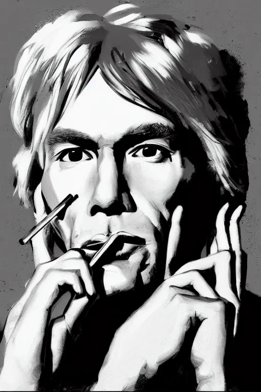 Prompt: a highly detailed beautiful portrait of andy warhol smoking a cigarette, extremely detailed, digital painting, artstation, concept art, smooth, sharp focus, illustration, intimidating lighting, incredible art