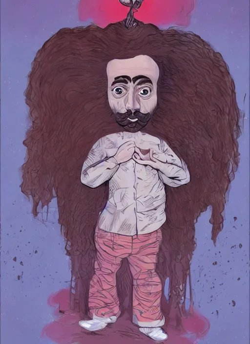 Prompt: a fine portrait paitning of an materialistic philosopher dressed in the clothes of a 6 - year - old girl, he has quite a beautiful body and beard, but the clothes and personality are that of a conceited girl who likes to command, conceptual surreal comic weird bizarre horror art