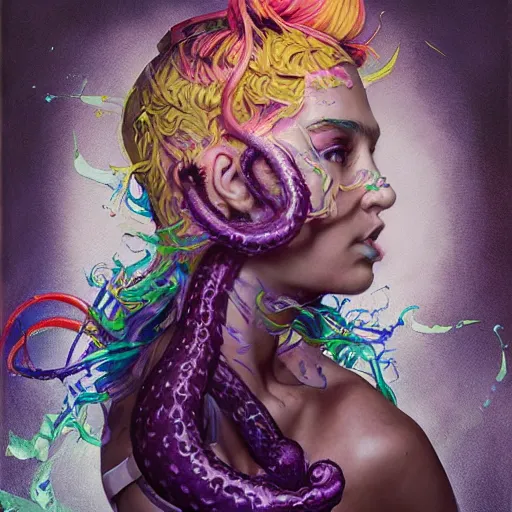 Prompt: art portrait of a furious girl with purple tentacles on her head, 8 k, by tristan eaton, stanley artgermm, tom bagshaw, greg rutkowski, carne griffiths, trending on deviantart, face enhance, hyper detailed, full of colour