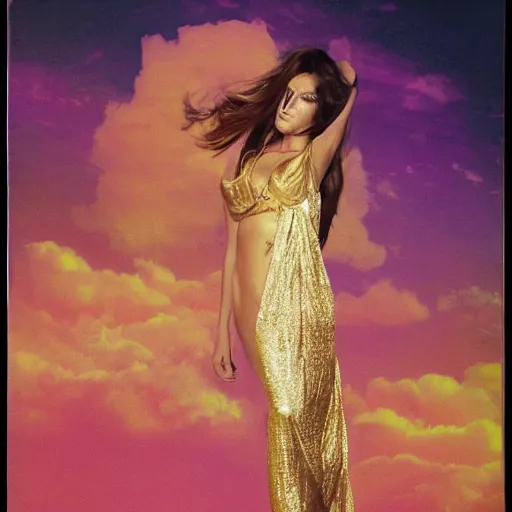 Image similar to seductive goddess of sensuality majestically ascending in gold and white filagree into fiery pink clouds of yoni