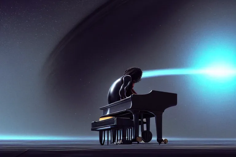 Prompt: a black man with long curly hair playing the piano in front of a black hole horizon, time collapsing. dramatic, neofuturistic highly detailed, digital concept album cover art, Dimensional cyan gold natural light, sharp focus, Golden Ratio illustration, realistic concept art by Stephen Hickman and James Gurney and Hiromasa Ogura Ghost in the Shell rendered in Octane Render, From the distance