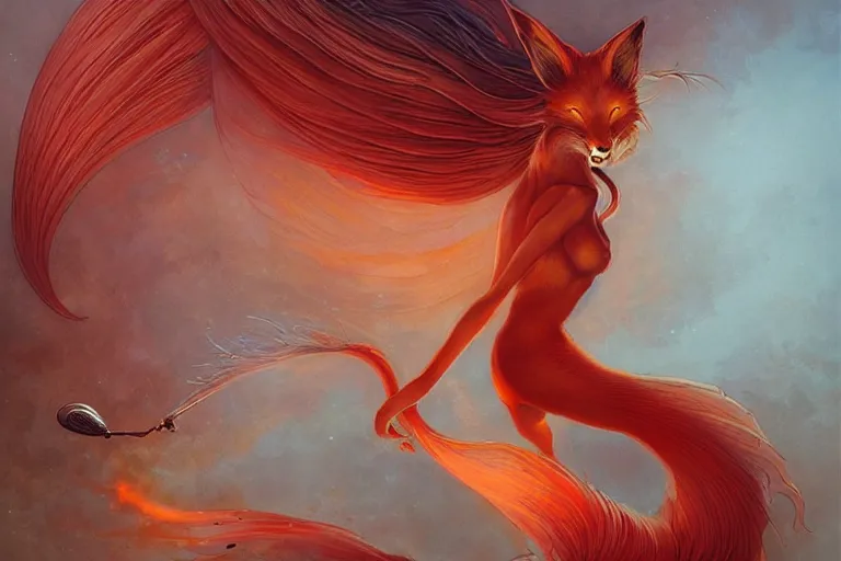 Image similar to prompt A beautiful red orange kumiho, nine fox tails, Peter Mohrbacher