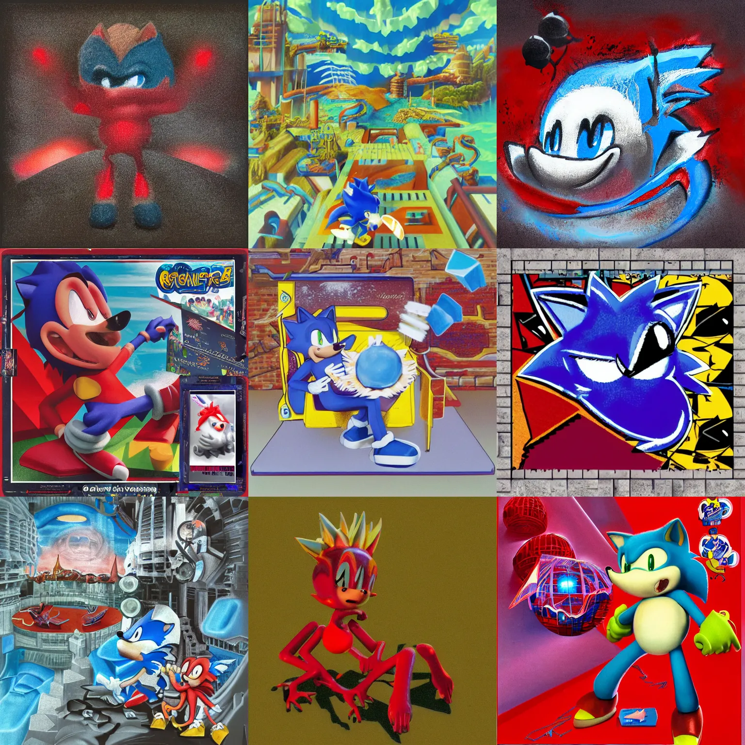 Prompt: dreaming of deconstructivist claymation portrait of sonic hedgehog and a matte painting landscape of a surreal sharp, foggy detailed professional soft pastels high quality airbrush art album cover of a liquid dissolving airbrush art lsd sonic the hedgehog swimming through cyberspace red checkerboard background 1 9 9 0 s 1 9 9 2 sega genesis rareware video game album cover