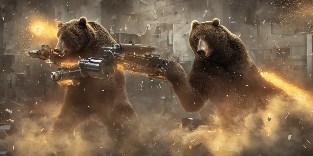 Image similar to bear holding a minigun and firing into a building, realistic 4 k octane beautifully detailed render, 4 k post - processing, highly detailed, intricate complexity, epic composition, magical atmosphere, cinematic lighting, masterpiece, ultra hd