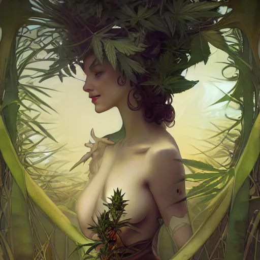 Image similar to a cannabis plant, bio vegetal concept art, by Peter Mohrbacher and Alphonse Mucha, chess, amazonia, detailed, style, 8k, trending on artstation, unreal engine 4k, detailed, clean background trending, full shot, symmetrical portrait, sophisticated, Unreal engine, dystopia, anti-utopia, post processing, psychadelic