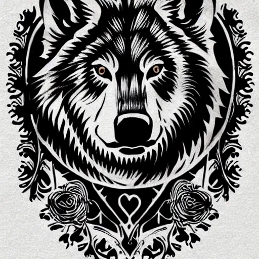 Image similar to concept tattoo design, stencil, bear, wreath surrounding wolf