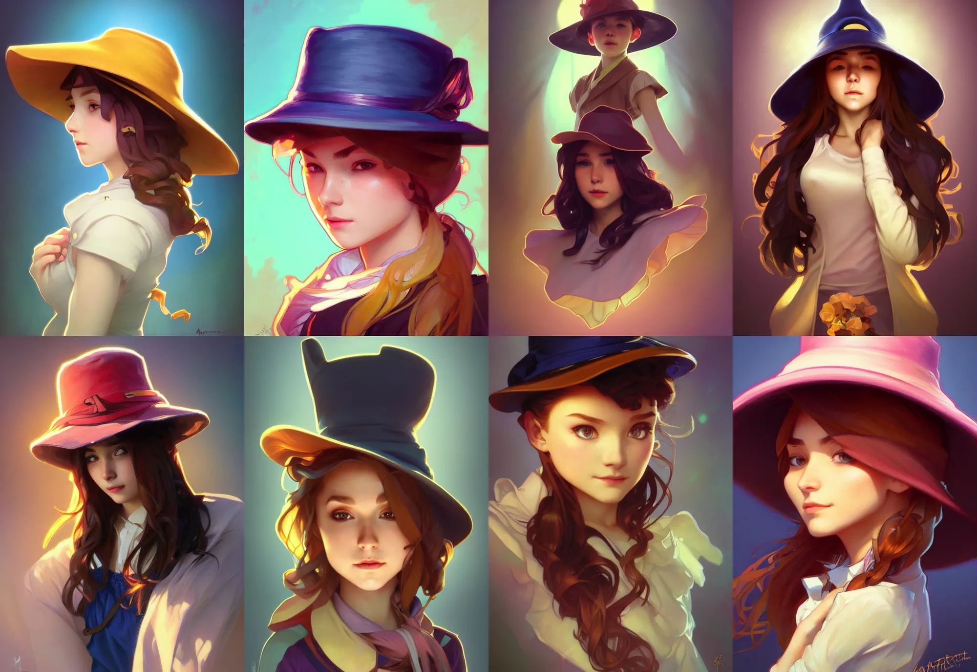 Prompt: a hat in time portrait byart by artgerm and greg rutkowski and alphonse mucha, trending on artstation, cinematic light, pastel colors, volumetric shading, high radiosity dull skin, global illumination, radiant light, soft light, soft color dodge, subsurface scattering