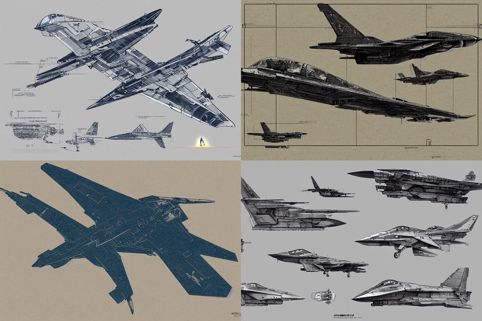 Prompt: iconic fighter jet plane blueprint by shoji kawamori, top secret space plane, tomcat raptor hornet falcon, style of greg rutkowski, style of john kenn mortensen