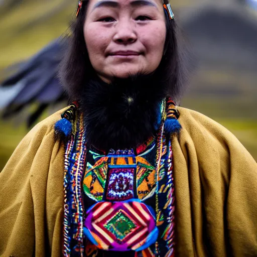 Image similar to ethnographic portraiture photograph of an extremely beautiful!!!! young woman with symmetric face. with a very detailed raven!!! on her shoulder. wearing traditional greenlandic national lcostume. in iceland. petzval lens. shallow depth of field. on flickr, art photography,