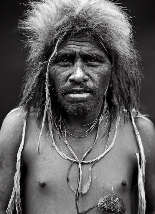 Image similar to Award winning Editorial photo of a Native Nauruans with incredible hair and beautiful hyper-detailed eyes wearing traditional garb by Lee Jeffries, 85mm ND 5, perfect lighting, gelatin silver process