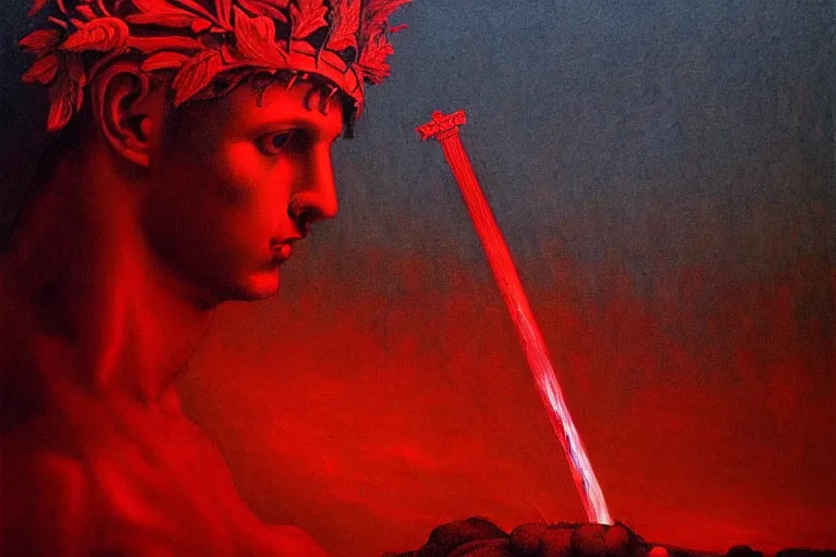 Image similar to only with red, a red melted apollo with a laurel wreath and a flaming sword announce the win, athens in the background, in the style of beksinski, part by hopper, part by rodcenko, part by hofbauer, intricate composition, red by caravaggio, insanely quality, highly detailed, masterpiece, red light, artstation