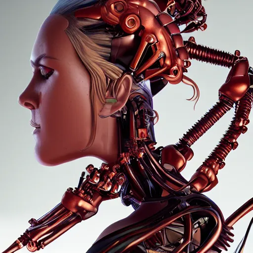 Image similar to portrait of a biomechanical supermodel by Artgerm, photorealistic octane render