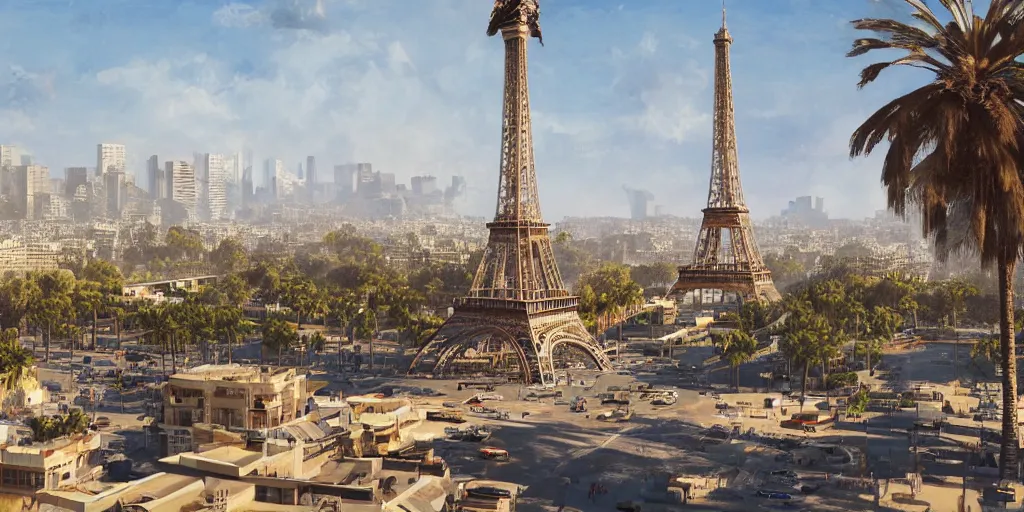 Image similar to landscape of the beautiful city of paris built in california, amazing sunny weather, eiffel tower next to the beach, palm trees, splendid haussmann architecture, digital painting, highly detailed, intricate, without duplication, art by craig mullins, greg rutkwowski, concept art, matte painting, trending on artstation, octane render, 8 k