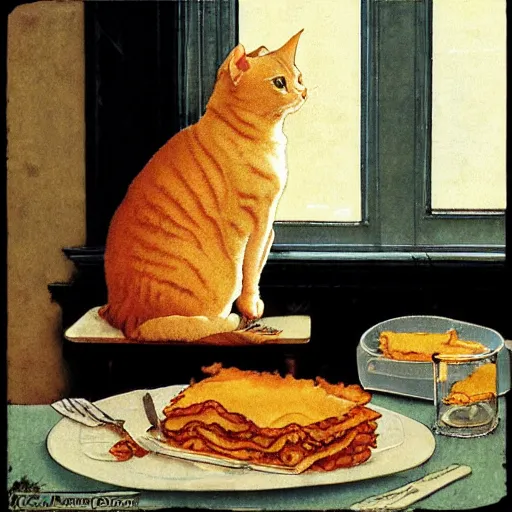 Image similar to fat orange tabby cat eating lasagna on a table, afternoon, norman rockwell, neighborhood outside window