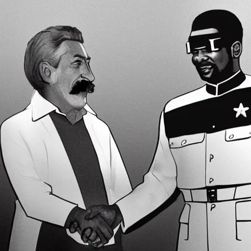 Prompt: a hyper realistic ultra realistic photograph of stalin shaking hands with Geordi La Forge, highly detailed, 8k photograph