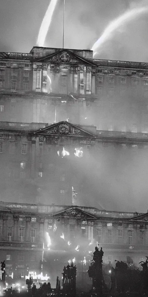 Image similar to the fall of the united kingdom, buckingham palace on fire at midnight