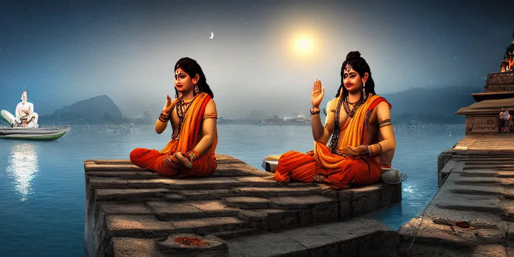 Prompt: Portrait of Lord shiva sitting at Ganga ghat, Varanasi, night time, extremely detailed, 4k, matte painting, cinematic