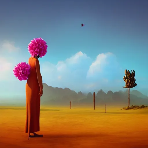 Image similar to giant carnation flower head girl, suit, desert, surreal photography, sunrise, dramatic light, impressionist painting, digital painting, artstation, simon stalenhag