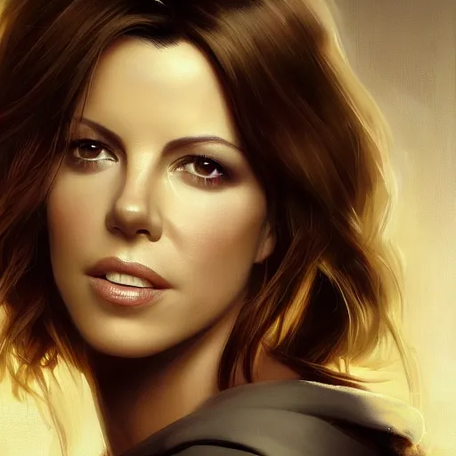 Image similar to closeup portrait of a kate beckinsale as a software engineer, seductive smile, soldier, army chiaroscuro, computer geek, golden hour, dramatic lighting, complementary contrast, high detail, painted by greg rutkowski, painted by igor kieryluk, trending on artstation