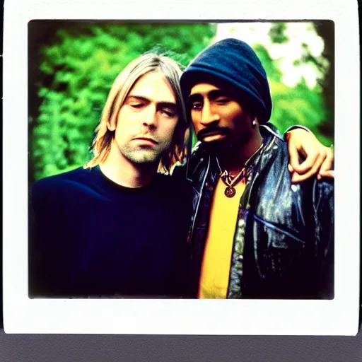 Image similar to Polaroid photograph of Kurt Cobain and Tupac Shakur, XF IQ4, 150MP, 50mm, F1.4, ISO 200, 1/160s, natural light, Adobe Lightroom, photolab, Affinity Photo, PhotoDirector 365,