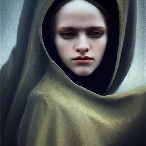 Image similar to a portrait of a young woman wearing a long dark cloak, hood and shadows covering face, anatomically correct, beautiful perfect face, enigmatic, oil painting, matte painting, black background, Volumetric Golden dappled dynamic lighting, Highly Detailed, Cinematic Lighting, Unreal Engine, 8k, HD, by Beksinski