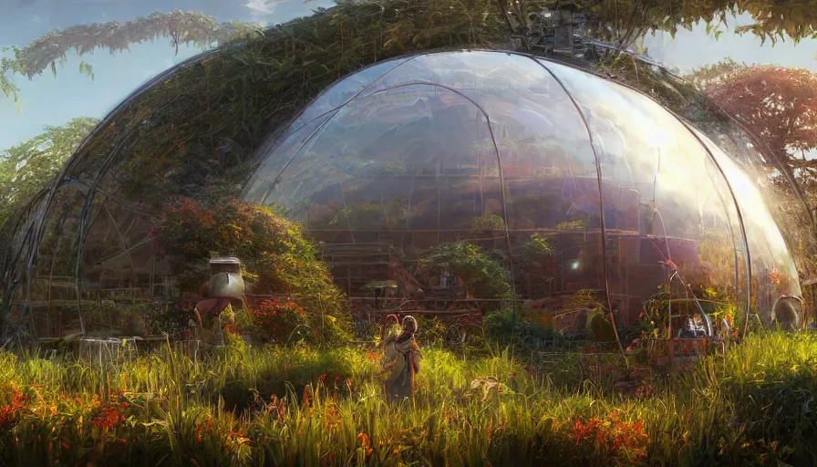 Prompt: craig mullins and ghibli digital illustration of solarpunk fields of crops and hydroponics under an invisible dome, farms, colorful, unreal engine, hyper realism, realistic shading, cinematic composition, realistic render, octane render, detailed textures, photorealistic, wide shot