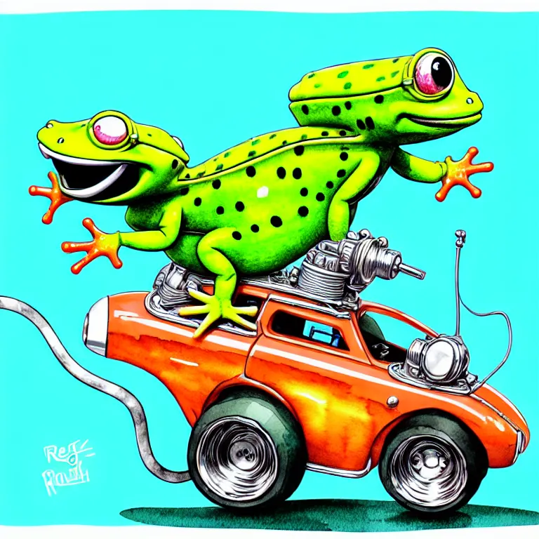 Image similar to cute and funny, gecko wearing a helmet riding in a hot rod with oversized engine, ratfink style by ed roth, centered award winning watercolor pen illustration, isometric illustration by chihiro iwasaki, edited by range murata, tiny details by artgerm and watercolor girl, symmetrically isometrically centered, sharply focused