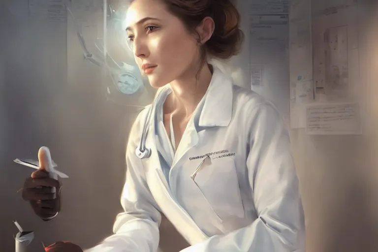 Image similar to an elegant and beautiful female doctor in a white coat working in a hospital ward, cinematic, highly detailed, digital painting, artstation, concept art, matte, sharp focus, illustration, art by artgerm and greg rutkowski