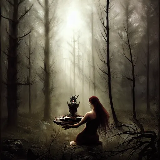 Image similar to witch performing a ritual in a dark forest painted by Raymond Swanland