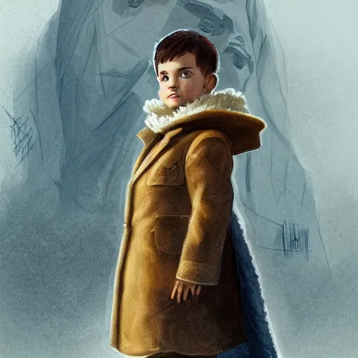 Image similar to A little boy wearing a trech coat looking dow , Graceful body structure,cute,Symmetrical face,highly detailed,elegant,Marc Simonetti and Caspar David Friedrich, Trending on artstation depicted as a action movie poster