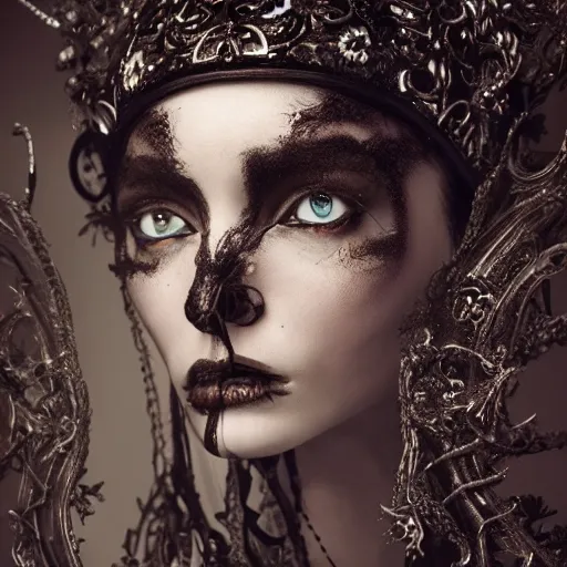 Image similar to a portrait of female model by stefan geselle and nekro borja, photorealistic, intricate details, hyper realistic, dark fantasy, ornate headpiece, dark beauty, photorealistic, canon r 3, photography, wide shot