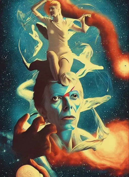 Prompt: david bowie floating through the cosmo outer space, twin peaks poster art, old retro pulp, by michael whelan, rossetti bouguereau, artgerm, nostalgic, old fashioned