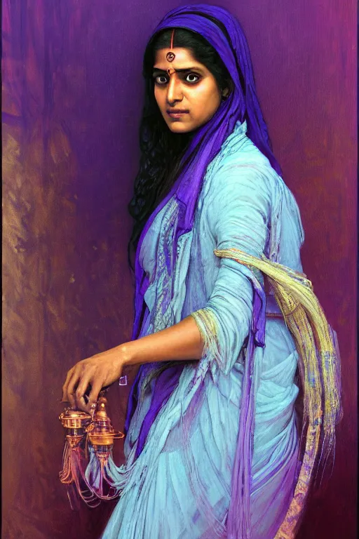 Image similar to hyperrealist portrait of a young indian american woman wearing a purple niqab, it is decorated with long wires and computer monitors are all over their body within the cyberpunk office background. by jeremy mann and alphonse mucha, fantasy art, photo realistic, dynamic lighting, artstation, poster, volumetric lighting, very detailed faces, 8 k, award winning