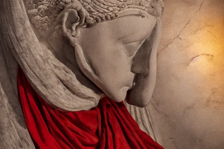 Prompt: a cinematic view of a ornated holy marble sphinx statue using an old red silk veil made by hedi xandt, chris haas and bernini, realistic, macabre art, detailed image, photorealistic, volummetric light