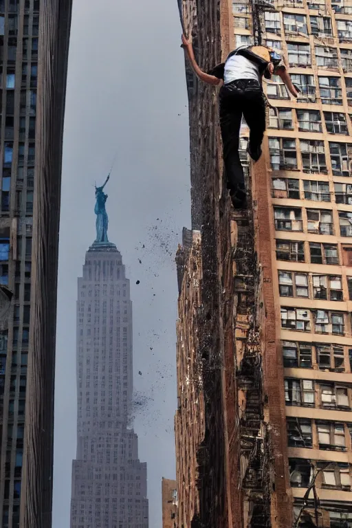 Image similar to !dream a man jumping from a building in New York, explosion