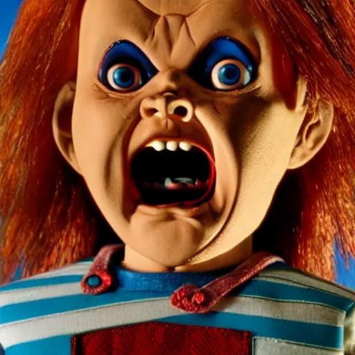 Image similar to Chucky the killer doll from the movie Child's Play looking sinister movie still 8k hdr highly detailed