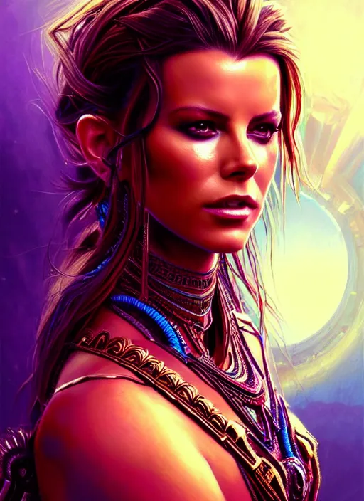 Image similar to portrait, hyper detailed ultra sharp aztec underworld warrior trance girl, breathtaking, kate beckinsale. trending on artstation, warpaint aesthetic, earthwave, colorful, neon, ornate, intricate, digital painting, concept art, smooth, sharp focus, illustration, art by artgerm and greg rutkowski and h. r. giger, 8 k