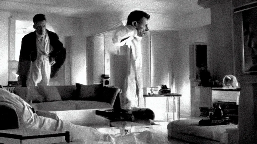 Image similar to an mri image of james cavell in the living room, film still from the movie directed by denis villeneuve with art direction by salvador dali, wide lens