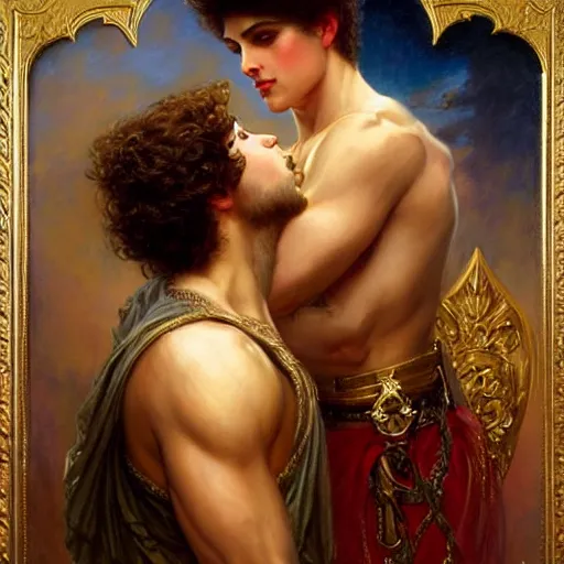 Image similar to attractive fully clothed king confesses his love for his attractive fully clothed male prince. highly detailed painting by gaston bussiere, tom bagshaw, j. c. leyendecker