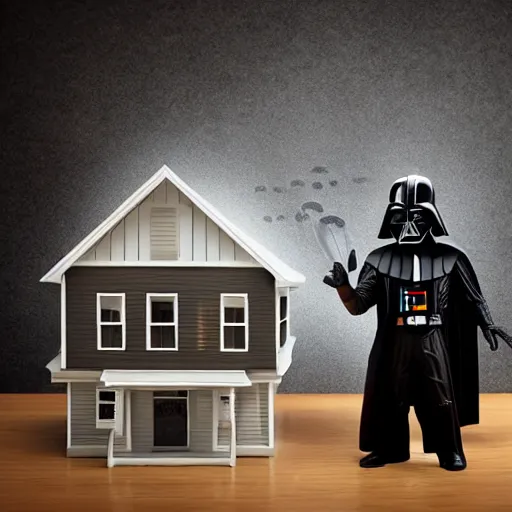 Image similar to Darth Vader buying a house, photo realistic, award-winning, highly-detailed