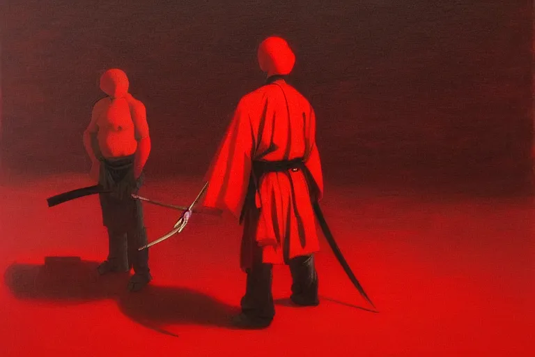 Image similar to only with red, a red samurai harakiri, tokio, a lot of frogs watch, in the style of beksinski, parts by edward hopper, parts by rodcenko, parts by yue minjun, intricate and epic composition, red by caravaggio, insanely quality, highly detailed, masterpiece, red light, artstation, 4 k