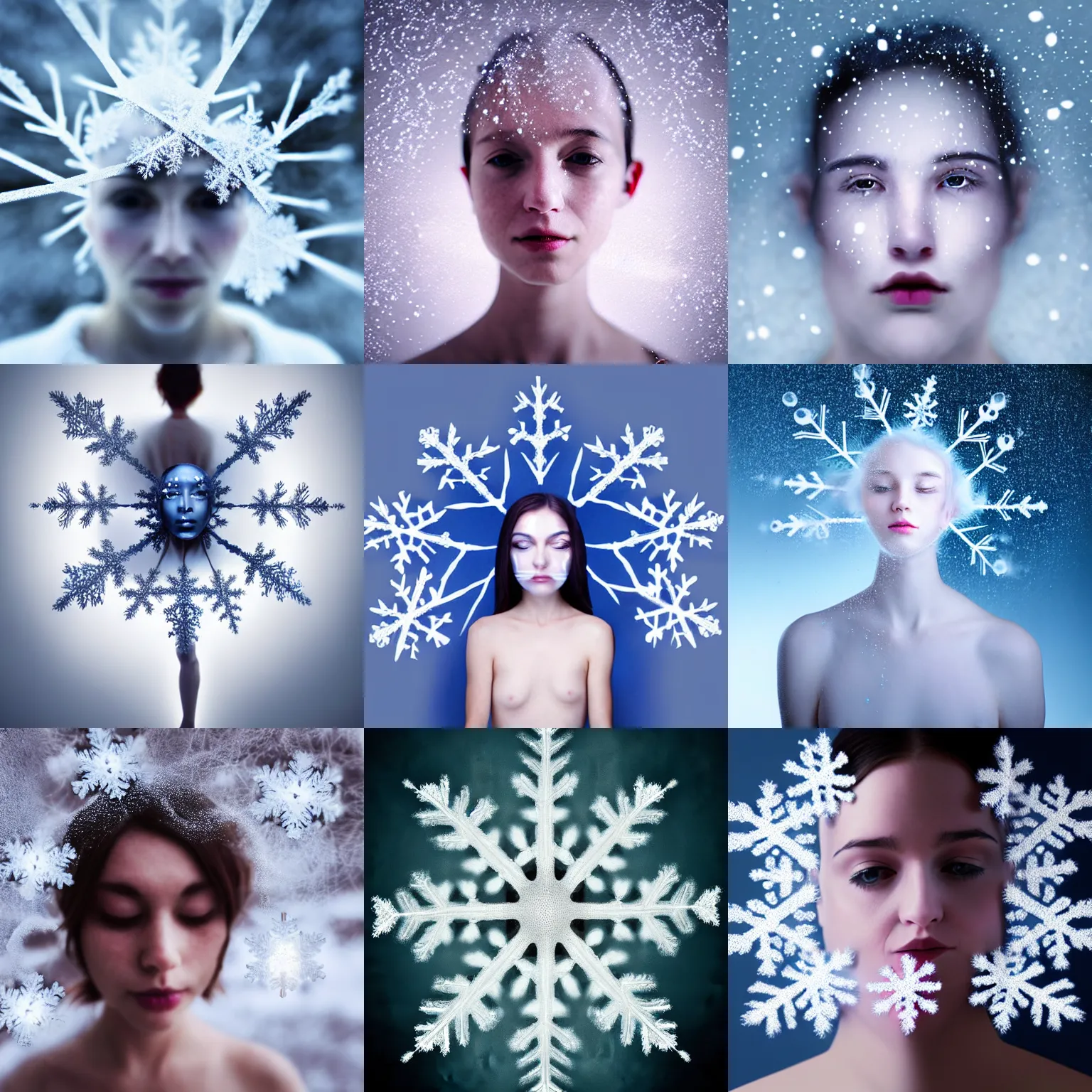 Prompt: silk snowflake surreal photography with ethereal transparent human face