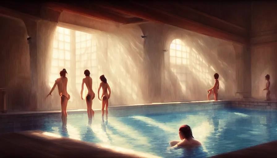 Image similar to bathhouse, women in towels, spa, light, shadows, reflections, epic composition, intricate, elegant, volumetric lighting, digital painting, highly detailed, artstation, sharp focus, illustration, concept art, wlop, artgerm, ruan jia, steve mccurry