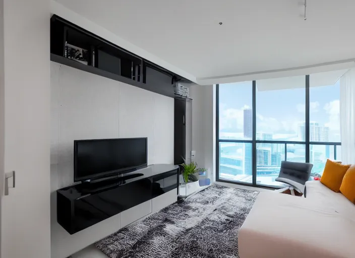 Prompt: 8 k photograph of stunning 2 0 2 2 stylish miami studio apartment, award winning modern design, gorgeous, designed by koichi futatsumata