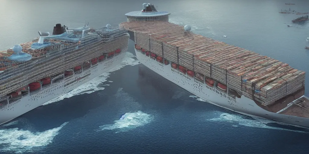 Image similar to cruise ship with vertical farm, cargo containers detailed, digital art, 8 k resolution, unreal engine, highly detailed, very detailed eyes, photorealistic by wlop, greg rutkowski, rim light, exquisite lighting, clear focus, very coherent,