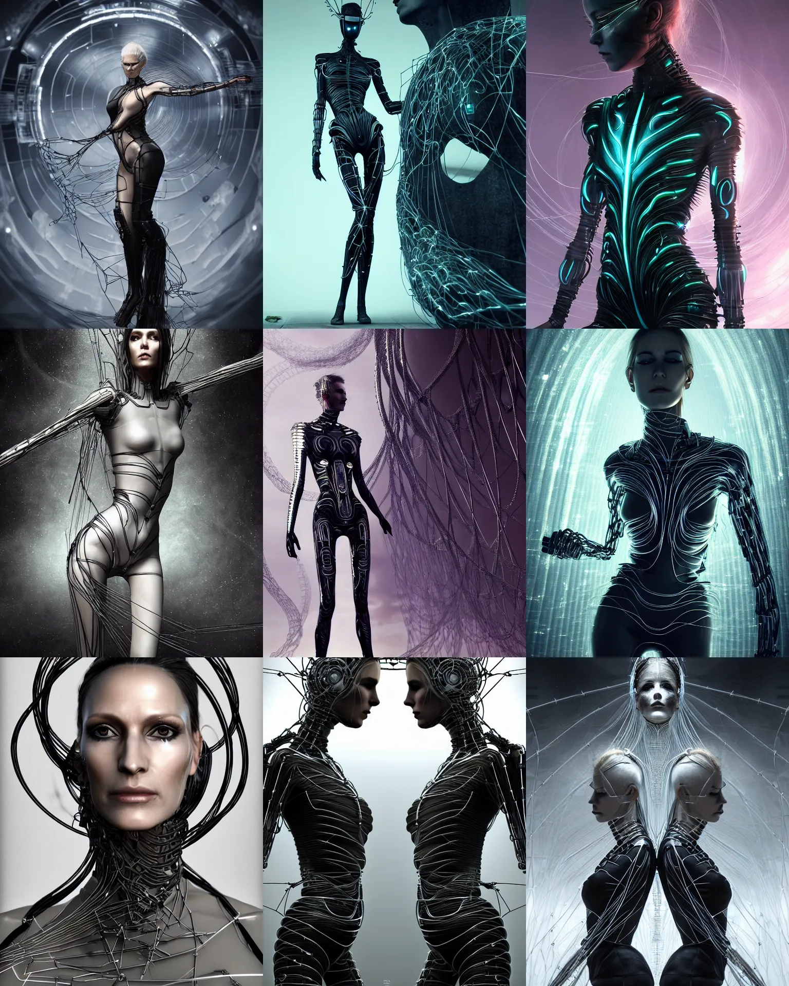 Prompt: karen bak and charlie bowater symmetrical full body character portrait of the borg queen of sentient parasitic flowing ai, floating in a powerful zen state, avant garde supermodel, beautiful and ominous, wearing bodysuit made of wires and fractal ceramic, machinery enveloping nature in the background, artstation scifi character digital concept, unreal engine, hyper realism, sharp focus