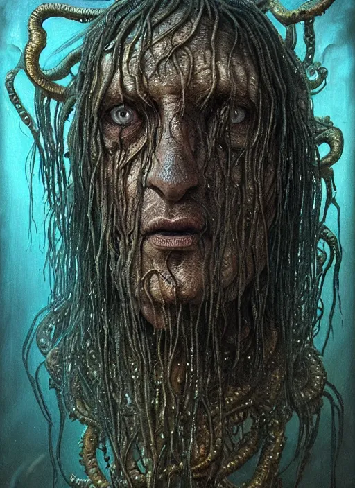 Image similar to portrait of a old lovecraftian underwater fish man hybrid with long wet tattered tangles of thinning black hair, eerie glowing eyes, wall hanging trophy taxidermy, hyper realistic head, fantasy art, in the style of greg rutkowski, zdizslaw beksinski, intricate, alphonse mucha, hyper detailed, smooth