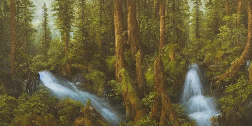 Prompt: A symmetrical oil painting of two waterfalls surrounded by a very dense forest