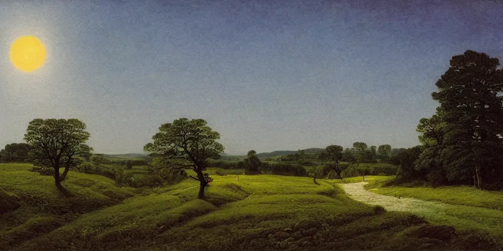 Prompt: a beautiful landscape painting of a path through countryside fields and patches of woodland, night time moonlight, by caspar david friedrich, oil on canvas, highly detailed, hd, 4 k